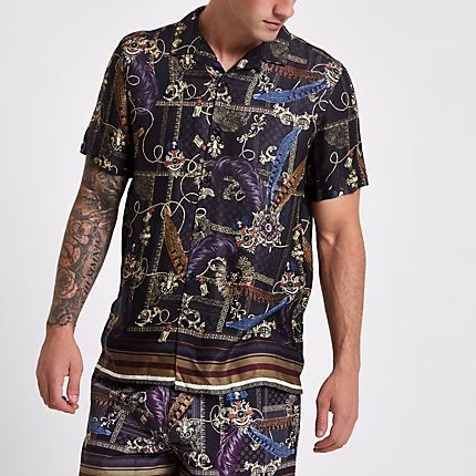 Mens Black gold print short sleeve shirt | River Island (UK & IE)