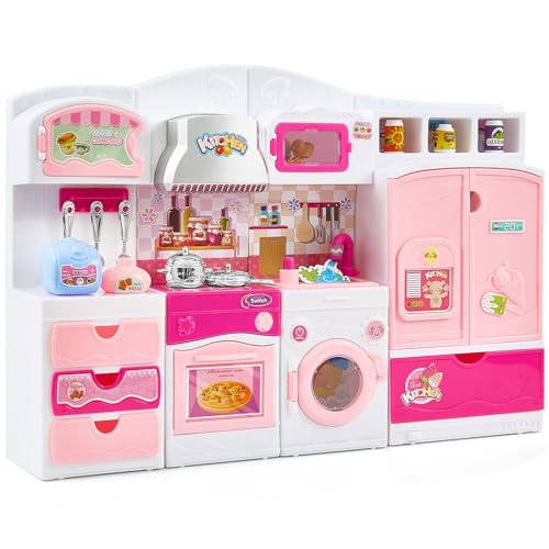 Kids Kitchen Playset with Lights & Sounds – Toddlers Pink Pretend Play Kitchen Toy with Accessories – Doll House Compatible Kitchen Furniture – Birthday Gifts for 3 4 5 6 7 8 Year Old Girls | Amazon (US)