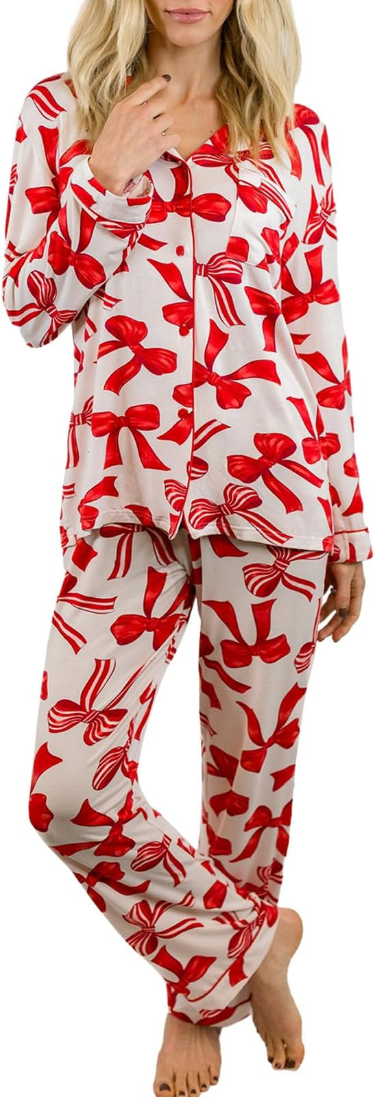 Women Y2k Pajama Set 2 Piece Print Lounge Sets Long Sleeve Button Shirt Elastic Pants Sleepwear M... | Amazon (US)