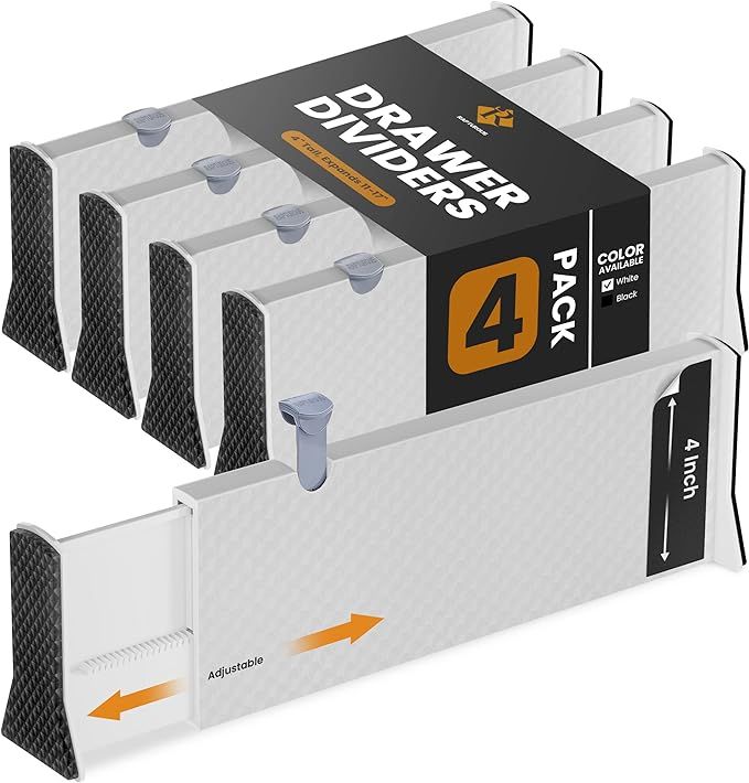 RAPTUROUS Adjustable Drawer Dividers 4 Pack, 4” High, 11-17” Long, Dresser Drawer Divider for... | Amazon (US)