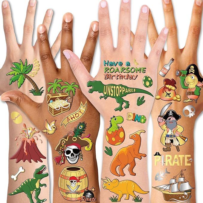 Konsait Dinosaur Pirate Temporary Tattoo for Kids, Dinosaur Pirate Birthday Party Favors Supplies... | Amazon (US)