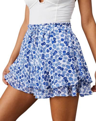 Flowy Shorts for Women Casual Cute Floral Skorts Chiffon Ruffle Tennis Mini Skirts Butterfly Summer Boho Shorts - Blue White Floral L | Amazon (US)
