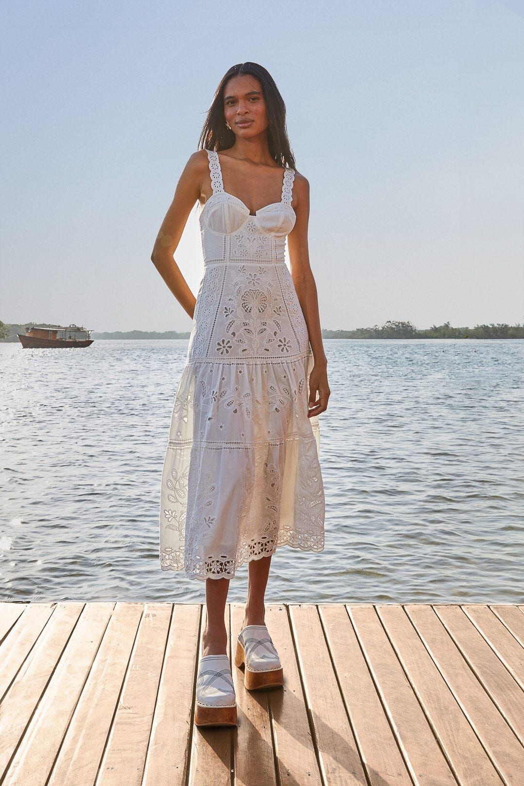 White Richelieu Sleeveless Midi Dress | FarmRio