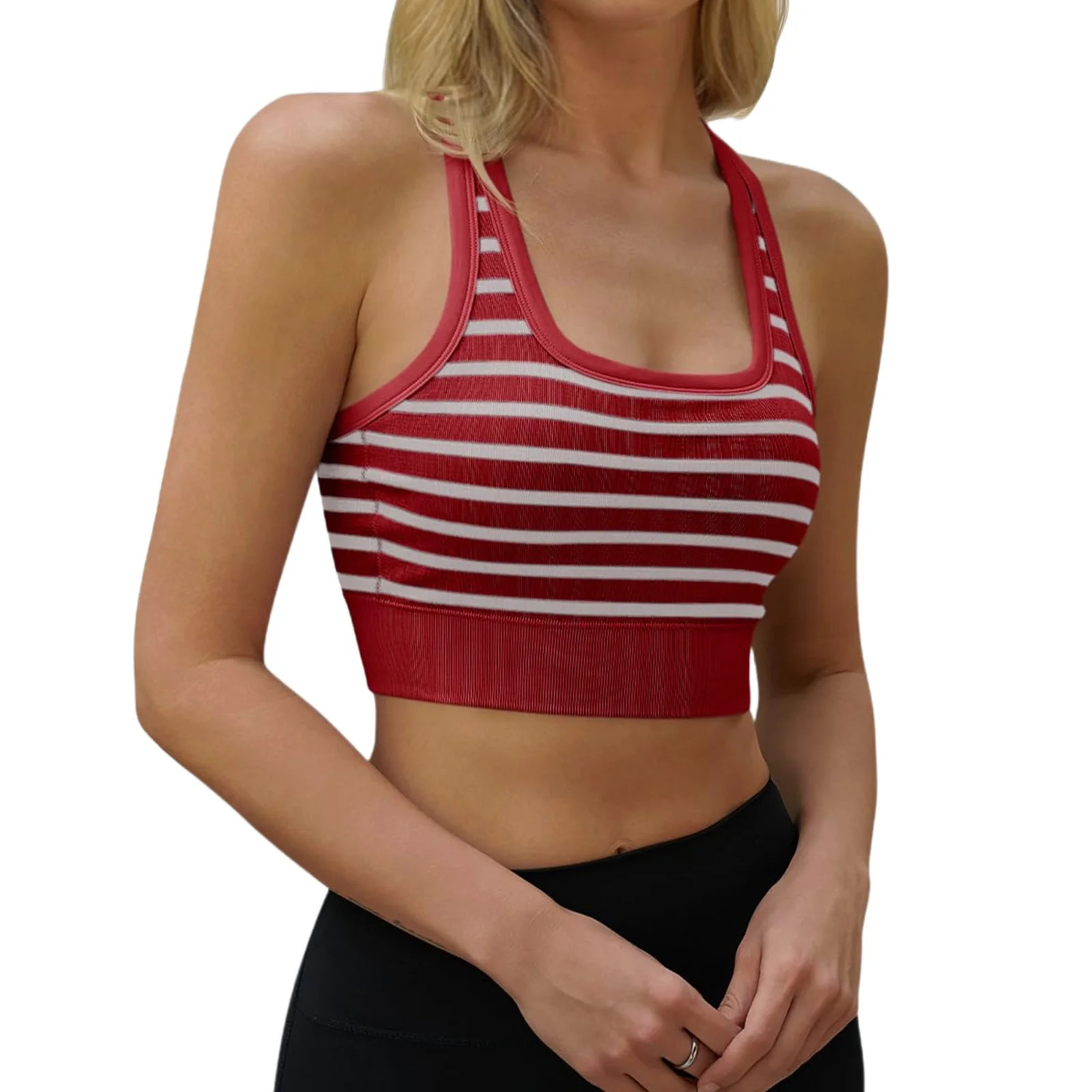 Sleeveless Women Slim Fit Striped Print Racerback Ribbed Sport Yoga Bras | Walmart (US)