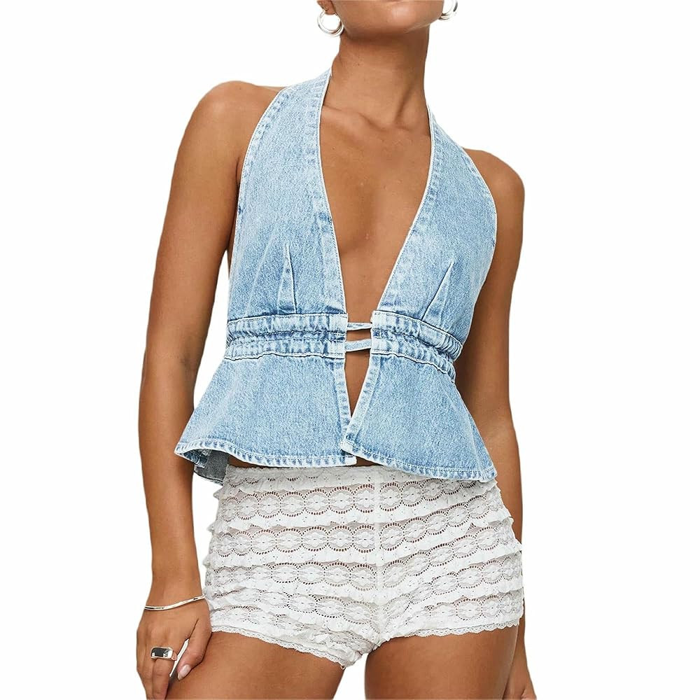 Women's Denim Backless Halter Neck Vest, Sexy V-Neck Crop Top with High Waist Tie & String Closur... | Amazon (US)