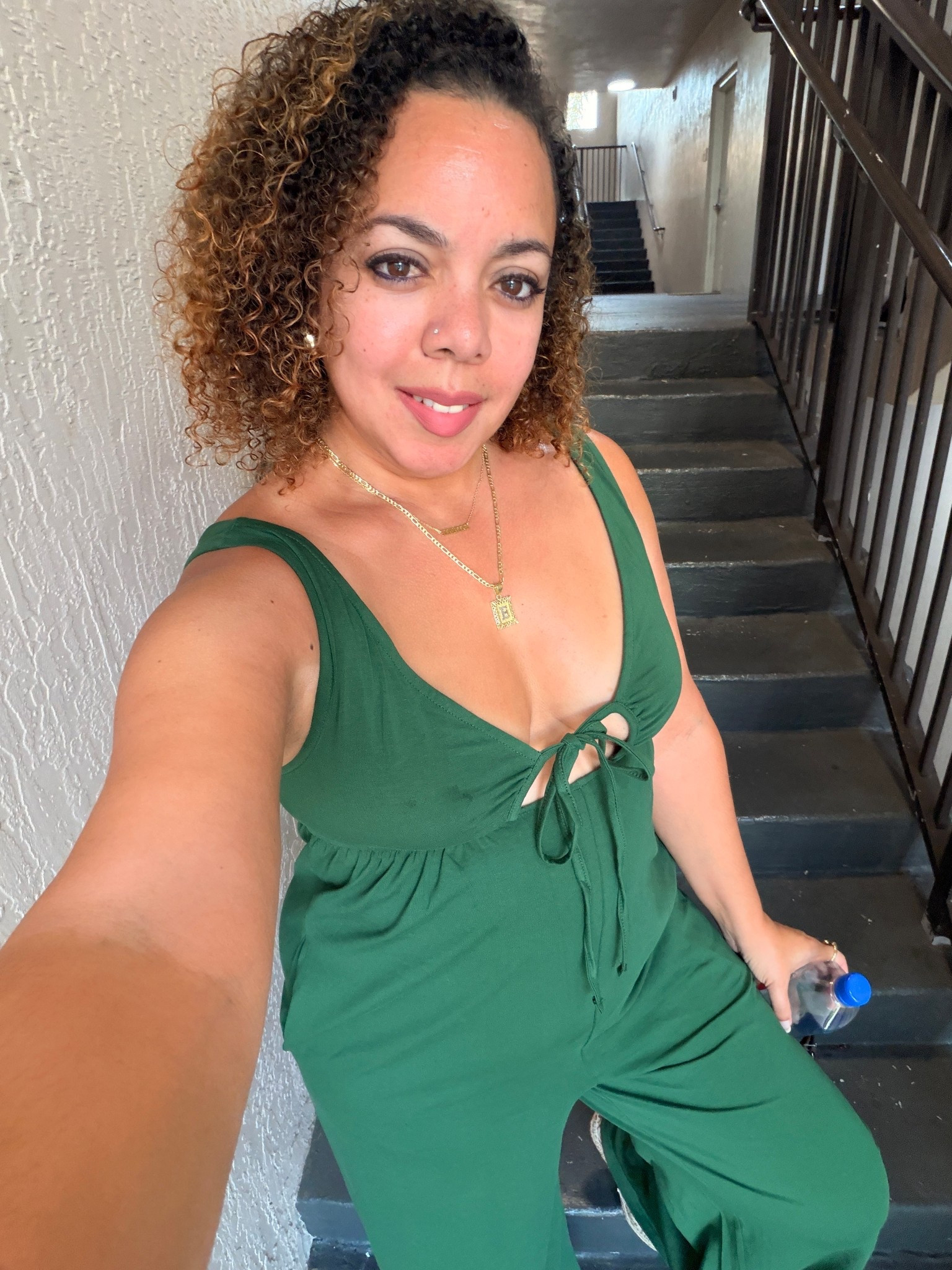 Green goddess moment 💚✨ This flowy jumpsuit is flattering, comfy, and date-night approved. Styled with layered gold necklaces + pearl earrings for an effortless elevated look. Shop the full look in my LTK.
#datenight 

#LTKootd