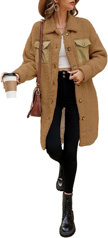 EVALESS Fuzzy Fleece Jackets for Women Fashion Long Sleeve Lapel Button Down Long Teddy Coat Faux... | Amazon (US)