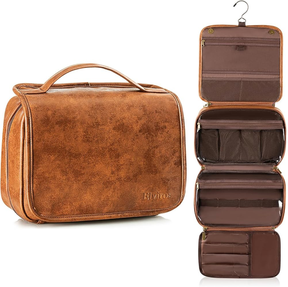 Elviros Hanging Toiletry Bag for Men Travel Essentials 3-in-1 Large Waterproof Dopp Kit PU Leathe... | Amazon (US)