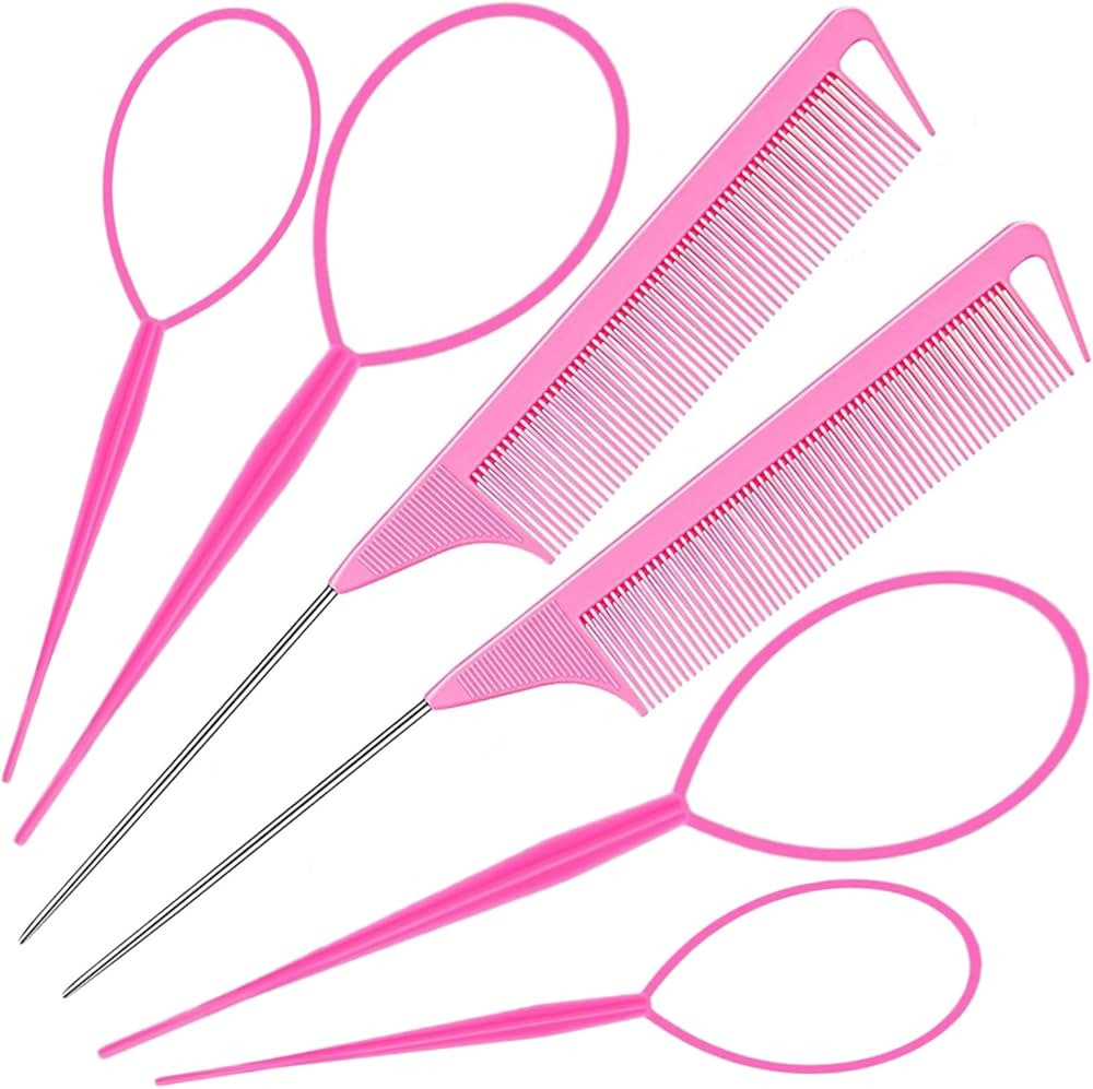 Topsy Hair Tail Tool & Rat Tail Comb.6Pcs Pink Hair Loop Styling Tools Set with 2Pcs Steel Pin Ra... | Amazon (US)