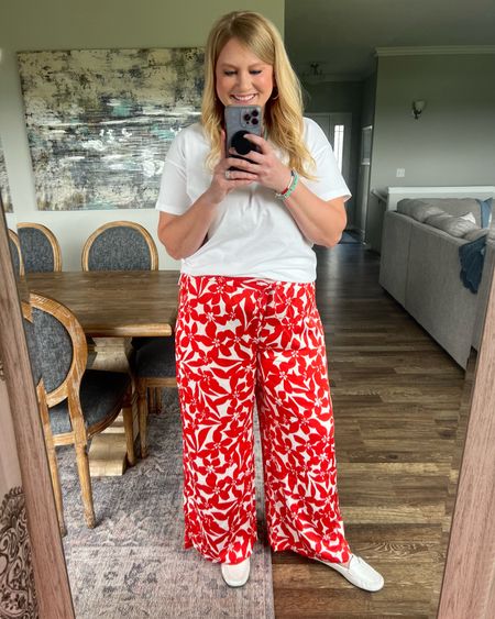 Spring or summer casual outfit that can be dressed up or down. These colorful print pants are so fun paired with the perfect white tee  

#LTKSaleAlert #LTKMidsize #LTKOver40