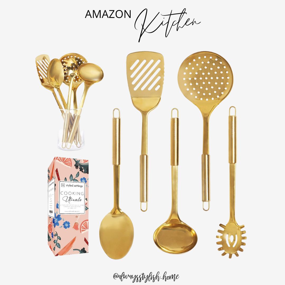 Brass/Gold Cooking Utensils Set for Modern Cooking and Serving - 5 PC Dishwasher Safe Stainless S... | Amazon (US)