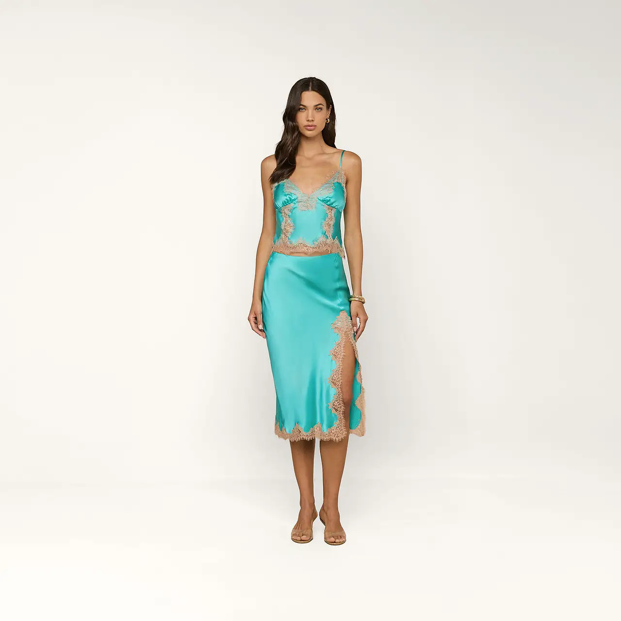 Tico Silk Lace Skirt in Cyan/Cappuccino | L'AGENCE | L'Agence