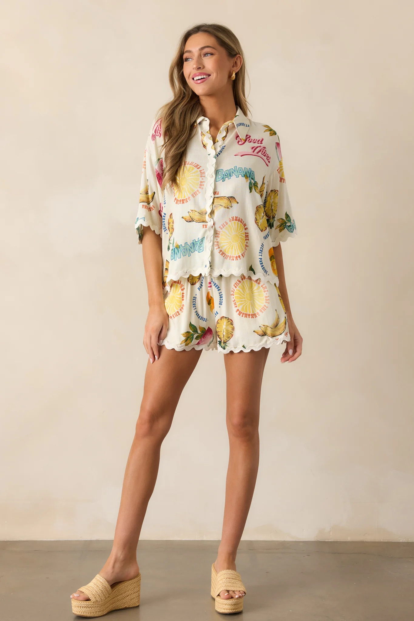 Sunlit Shores Ivory Tropical Fruit Print Shorts | Red Dress