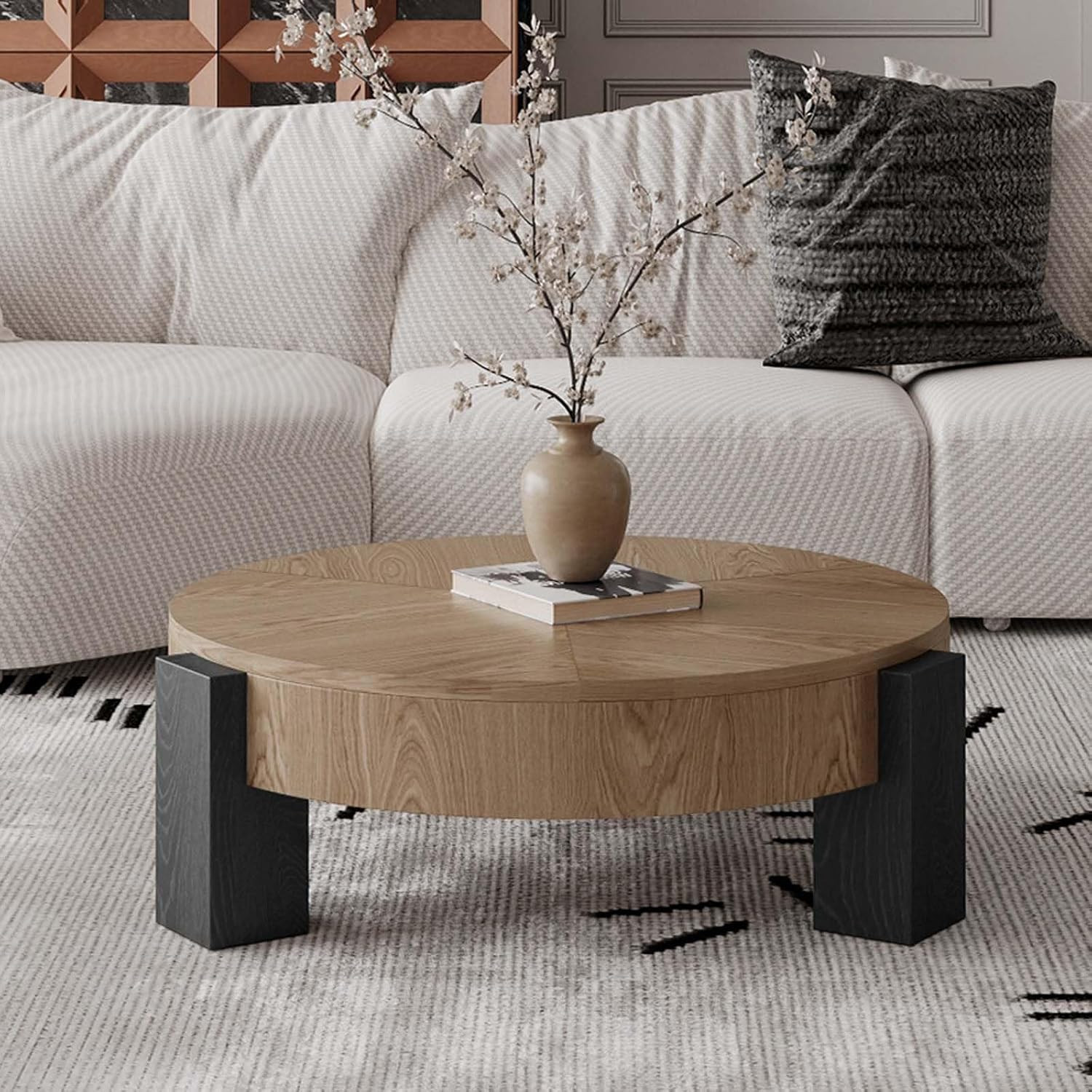 Round Coffee Table with Hidden Storage & 3 Block Legs | Amazon (US)