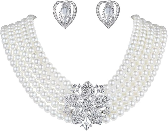 ROFIFY Audrey Hepburn Style Faux Pearl Necklace Set Strand Ear clip or Stud Pin on Earrings for s... | Amazon (US)