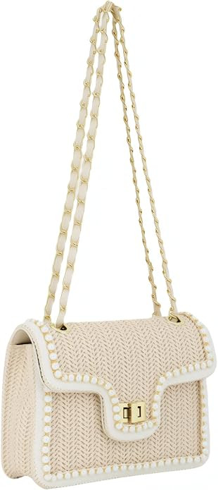 Woven Straw Crossbody Bag for Women with Pearl Flap Trim, Summer Shoulder Purse, Small Beach Clut... | Amazon (US)