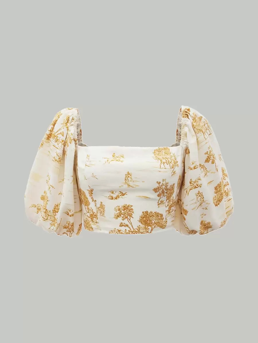 SHEIN MOD Vintage White Background Printing Plants Print Lantern Sleeve Summer Crop Blouse | SHEIN