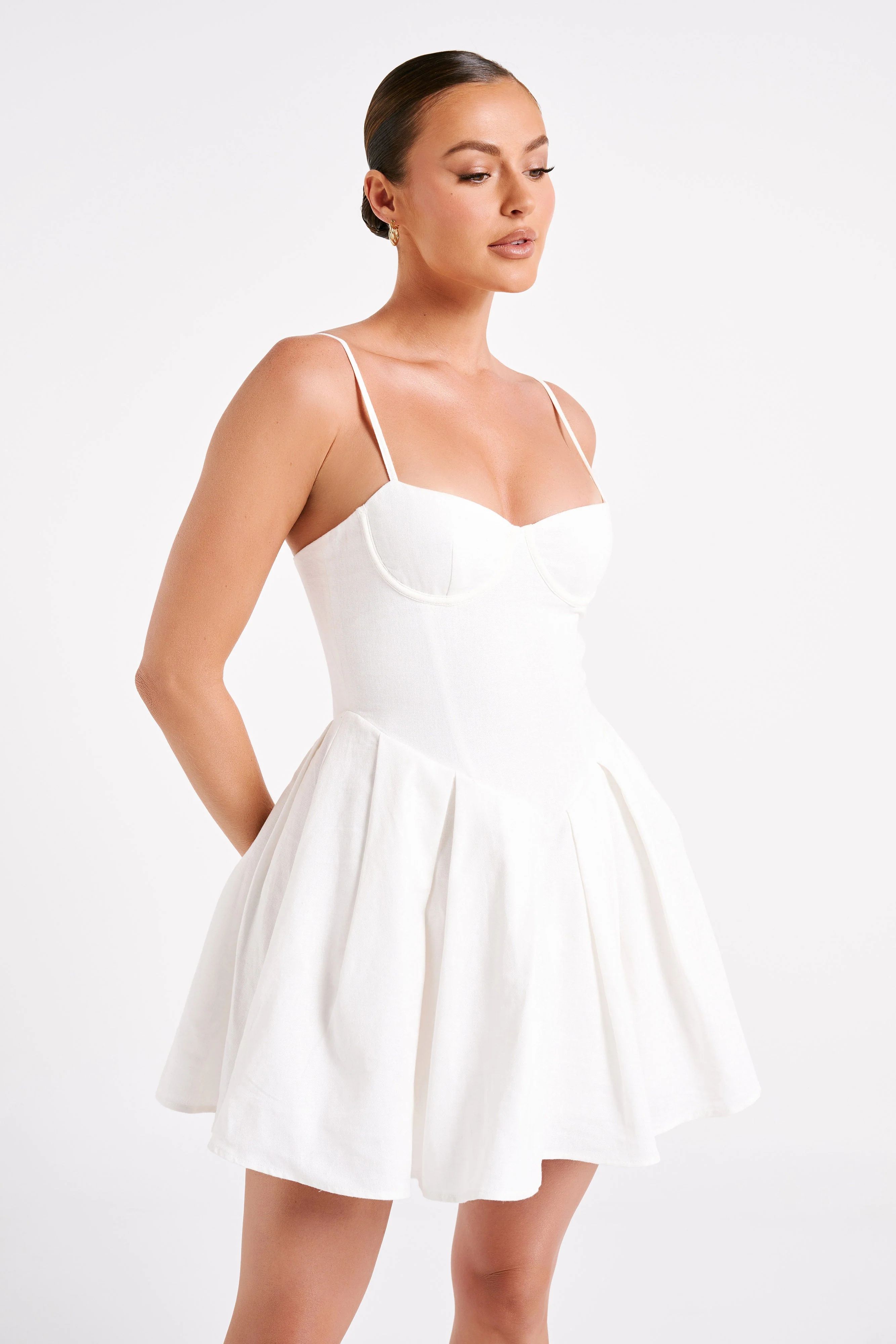 Dorinda Pleated Linen Mini Dress - White | MESHKI US