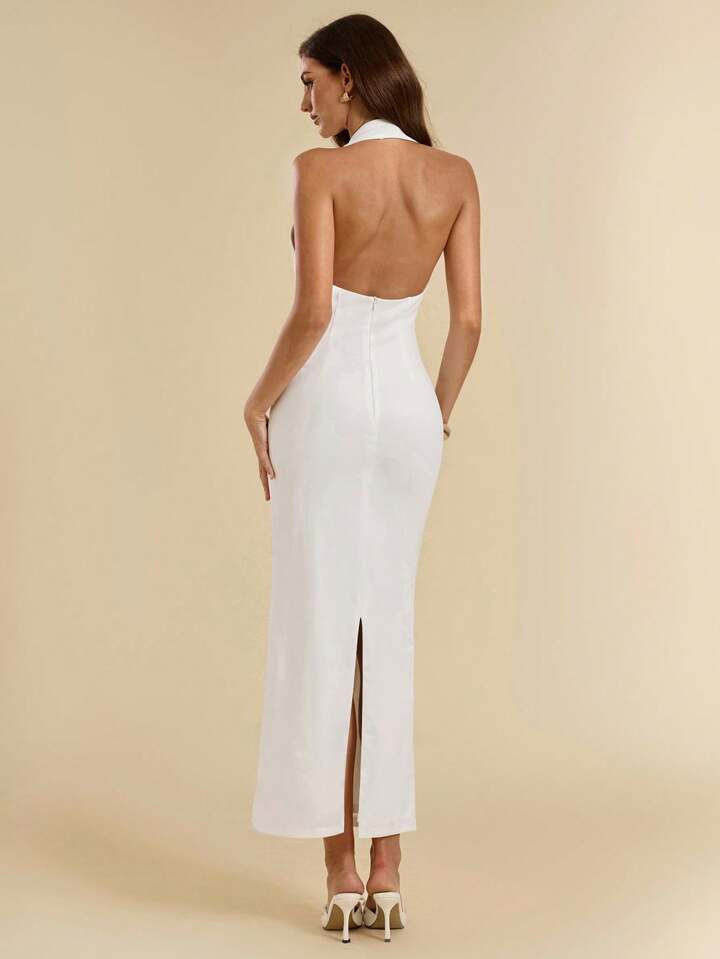 SHEIN BAE Women's Summer V Neck Sleeveless Fitted Simple White Dress | SHEIN