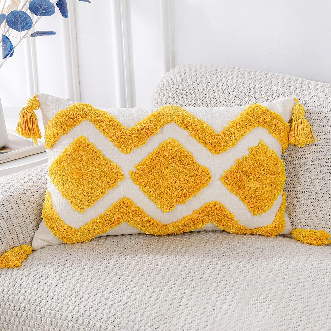 PANOD Boho Yellow Tufted Throw Pillow Covers with Tassel 12x20 inch,Soft Cream Chenille Decorativ... | Amazon (US)