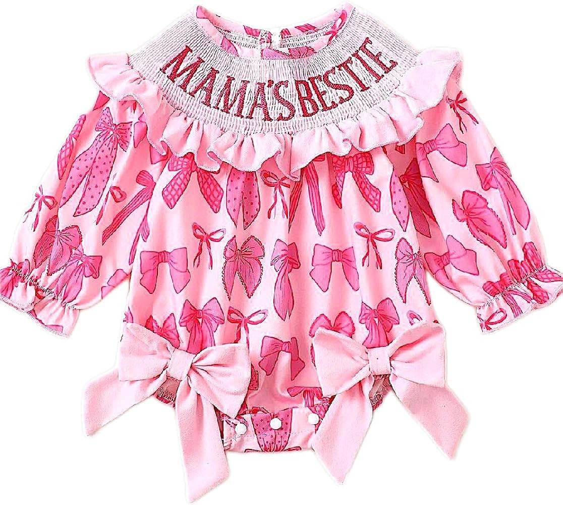 Deerhobbes Design your own Newborn Baby Girl Smocked Romper - Bow pattern Ruffle Sleeve Bubble Bo... | Amazon (US)