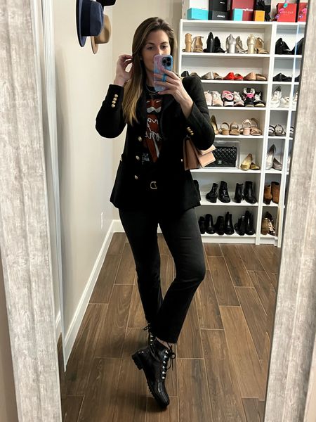 Grunge meets chic. Try pairing a rock tee with a tailored blazer and demi boot crop jeans with a combat boot for a fun and edgy look. You can use your bag to dress up the look too!

My boots are currently 50% off! Just a few sizes left.

Tee: wearing size M (size up)
Blazer: wearing size S (size down)
Jeans: wearing 28” (TTS)
Boots: wearing 9.5 (TTS, if in between sizes size down)

#LTKsalealert #LTKstyletip #LTKshoecrush