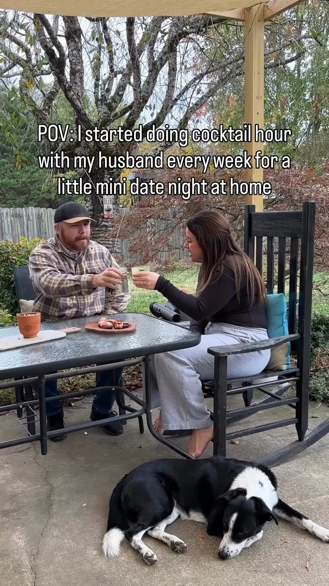 Send this to your spouse and let them know you want to start your own couples cocktail hour & let me know what you think of the stuffed dates

Ingredients:
- dates
- goat cheese
- bacon 🥓 
- honey 🍯 

Directions:
- Preheat oven to 400
- Slice open and pit your dates
- Fill each date with goat cheese
- Cut the bacon in half or thirds
- Wrap the bacon around the cheese stuffed date
- Place on a parchment lined baking tray
- Drizzle with honey
- Bake for 10-15 minutes until bacon is crispy
- Serves & enjoy 

I had this with a virgin jalapeno margarita & Eric had water 🙄

Virgin Margarita 
- Juice of 2 limes
- juice of 1 orange
- Fresh jalapeño slices
- 1 oz water
- Sparkling water
- Salt
- Tajin
- Optional garnish: extra jalapeño slice and lime wedge

1. Add lime juice, orange juice, 1 oz water and a few jalapeño slices to a cocktail shaker filled with ice. Shake well until chilled.
2. Rim your glass with salt and tajin
3. Strain into your glass filled with fresh ice.
4. Top off with sparkling water
5. Garnish with a jalapeño slice and a lime wedge

#CouplesCocktailHour #MarriageOnPurpose
#IntentionalLiving #DateYourSpouse #datenightideas #athomedateideas #youngparents #budgetdateideas #dateyourhusband #dateyourspouse #momoflittleones #datenightathome