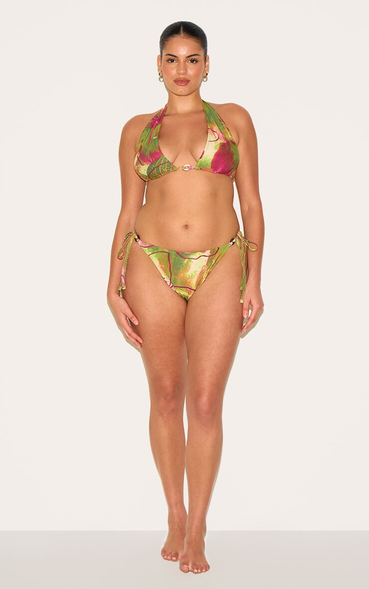 Plus Olive Orchid Print Tie Side Bikini Bottoms | PrettyLittleThing US