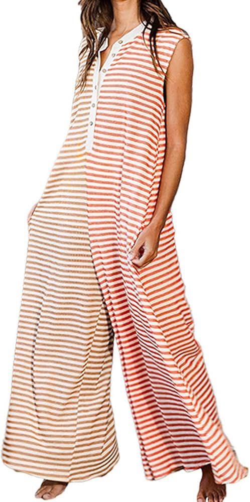 CHARTOU Loose Striped Wide Leg Jumpsuit for Women Summer Romper Flowy Pants Comfy Sleeveless Butt... | Amazon (US)