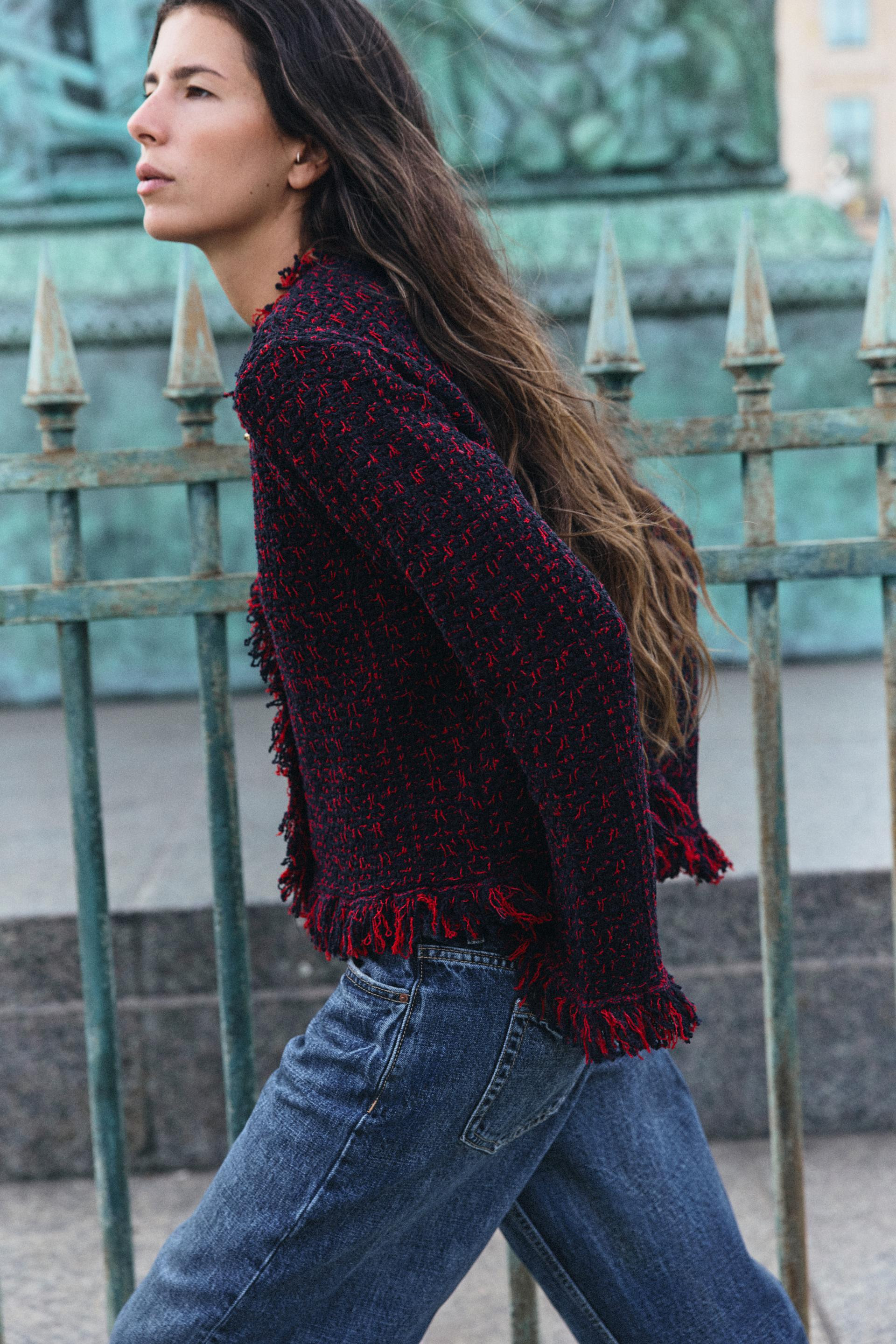 Zara - Structured Frayed Cardingan - Red / Navy - L - Woman | Zara US