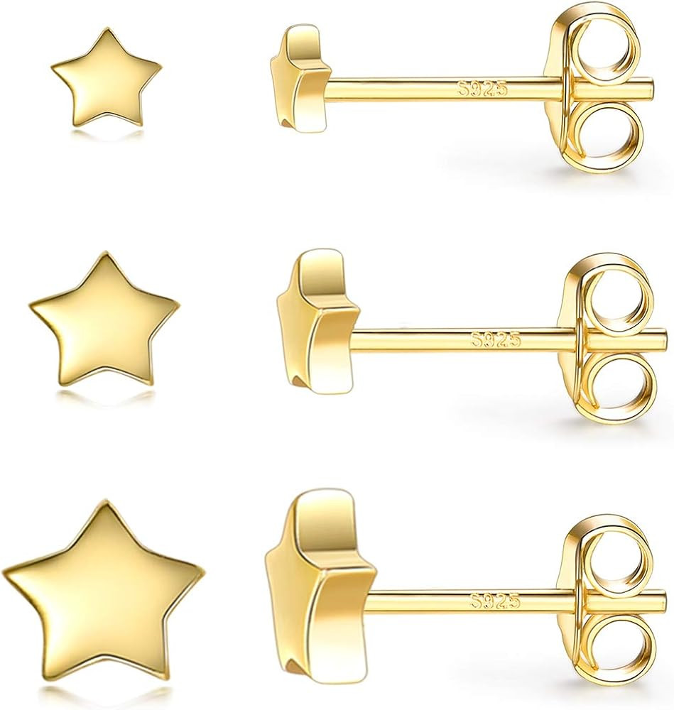 3 Pairs 925 Sterling Silver Star Stud Earrings for Women,Tiny Simple Geometric Stud Earrings Set ... | Amazon (US)