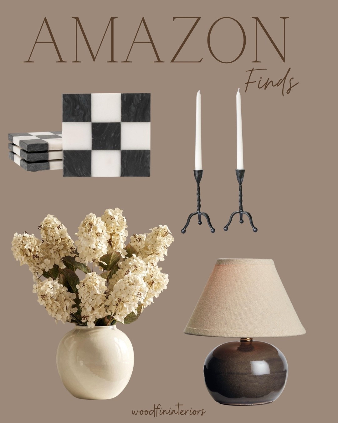 Checkered marble coasters 
Faux hydrangea stems 
Black taper candle holders 
Gray crackle mini lamp 

#LTKHome