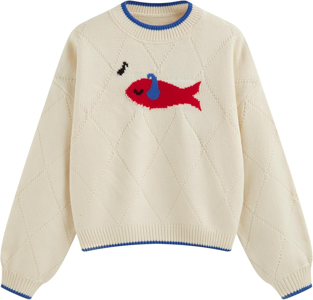 CIDER Knit Round Neckline Fish Graphic Contrasting Binding Oversized Top | Amazon (US)