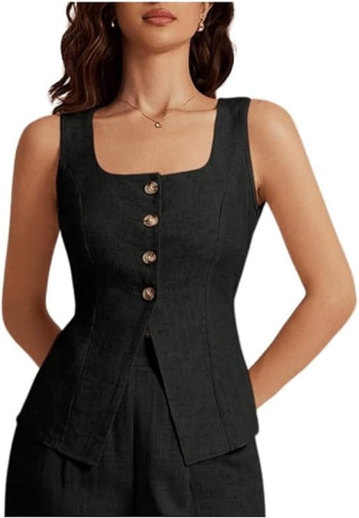 SHENHE Women's Linen Square Neck Button Up Tank Top Dressy Summer Vest Sleeveless Top | Amazon (US)