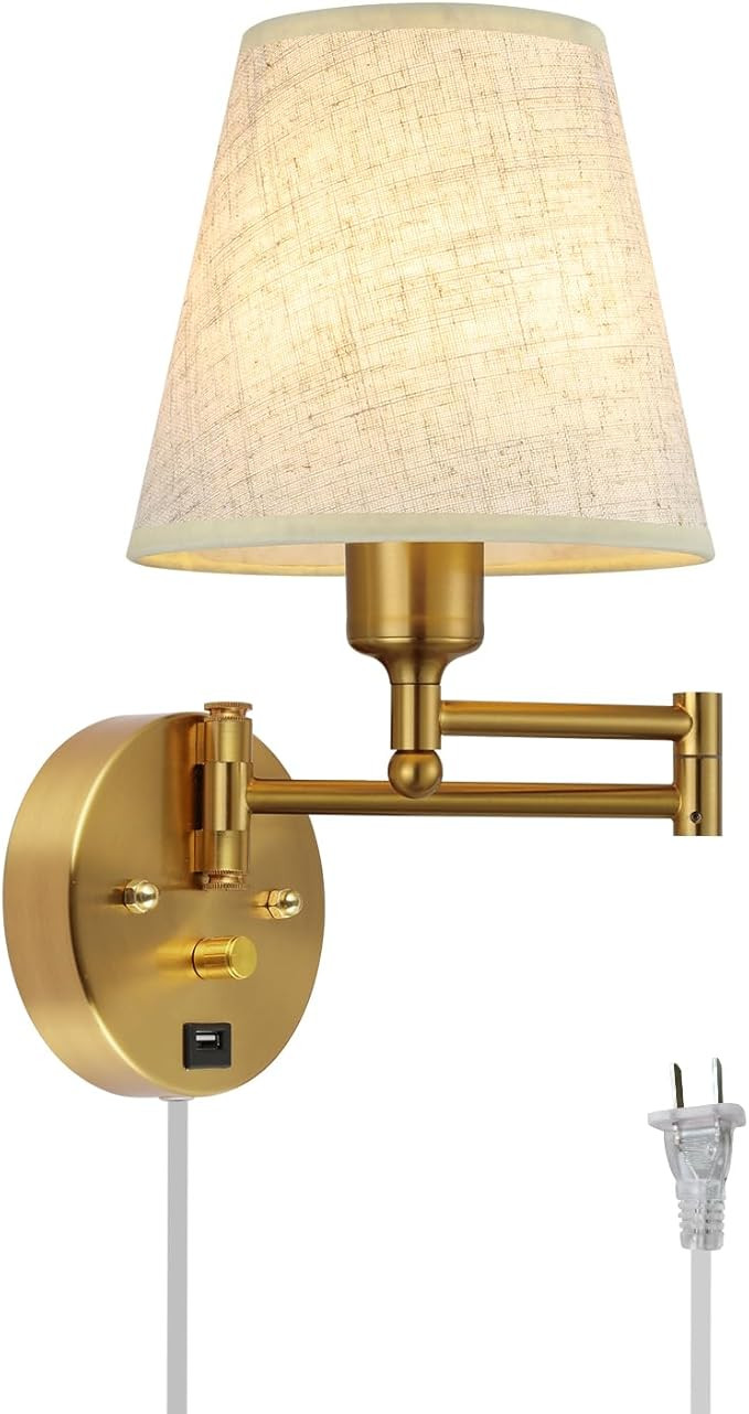 Bedside Wall Mount Light with Dimmable Switch and USB Port, Gold Swing Arm Fabric Shade Wall Scon... | Amazon (US)