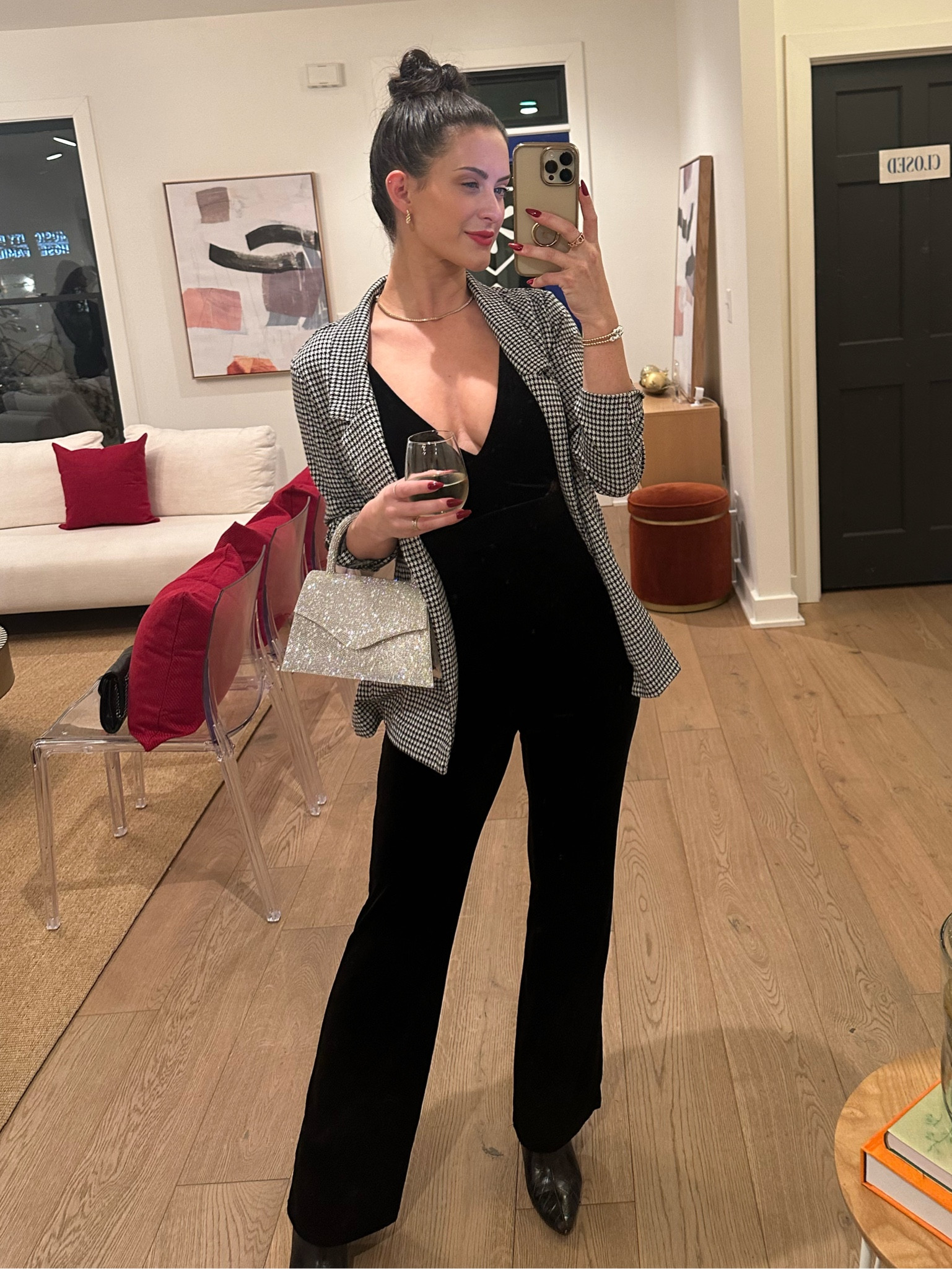 Lulus party!! Jumpsuit is XS and SO STRETCHY and comfy. Obsessed with this piece and can style it a million ways for the holidays or just a night out! Bag is also SO sparkly in person. Similar jackets linked as well! #Lulus #LTKxLulus 

#LTKunder100 #LTKstyletip