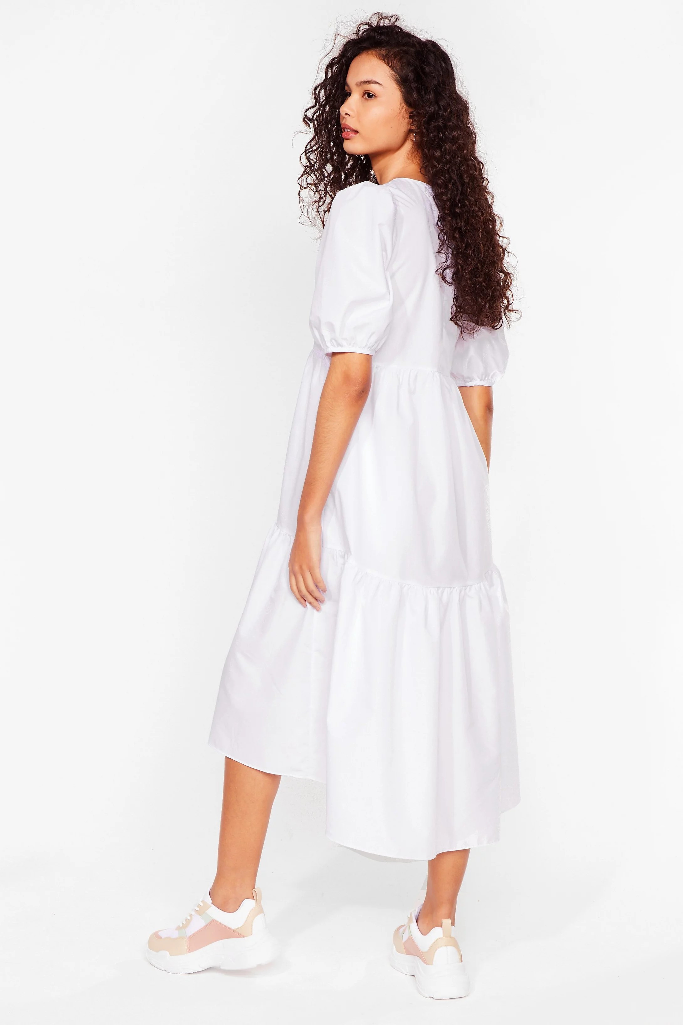 Puff Sleeve Crew Neck Tiered Midi Dress | NastyGal (UK, IE)