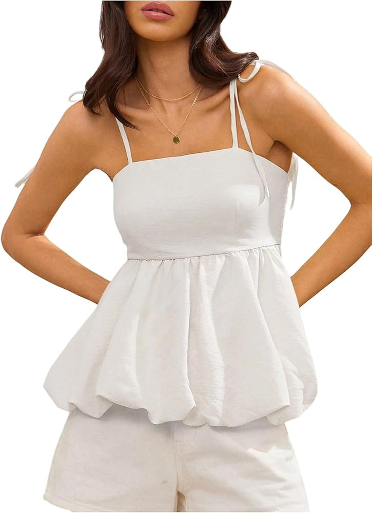 Floerns Women's Cute Bubble Hem Camisole Tie Shoulder Ruffle Cami Tank Top | Amazon (US)