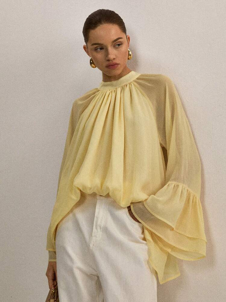 ATUI Studio Women's Yellow Polka Dot Blouse With Ruffled Wide Sleeves & Lace - Elegant Vintage Long Sleeve Top For Autumn Business Commute, Minimalist Office Wear | SHEIN