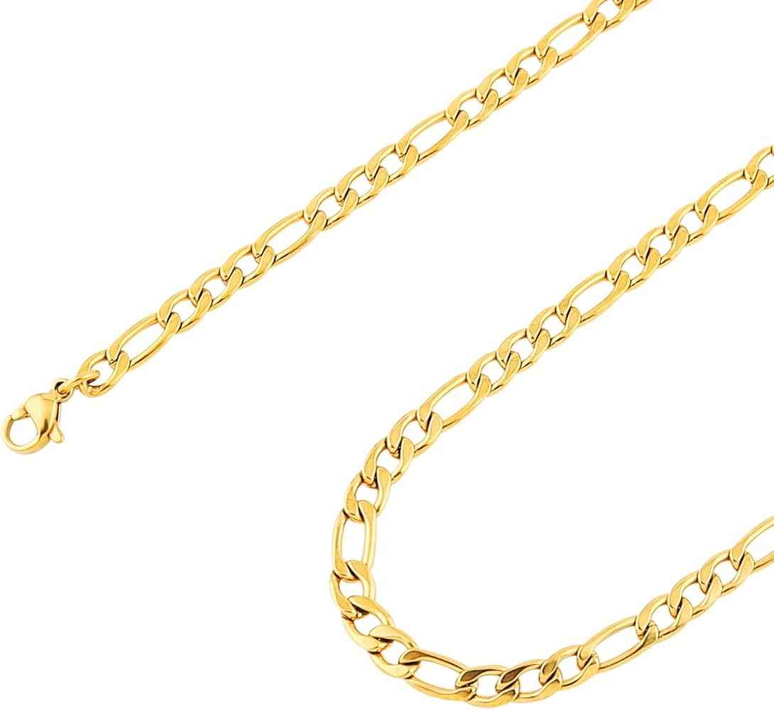 HZMAN Men Women 24k Real Gold Plated Figaro Chain Stainless Steel Necklace, Wide 5mm 7mm 9mm 13mm | Amazon (US)