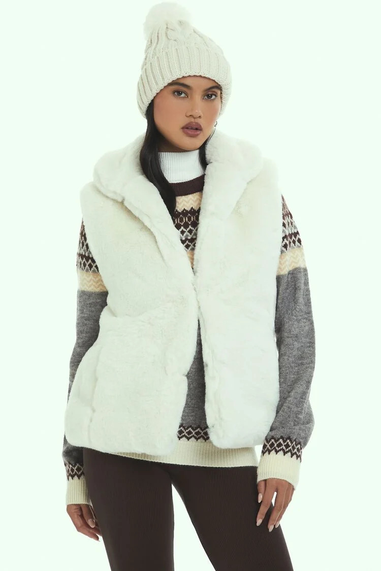 Women's Notched Faux Fur Vest in White Small | Forever 21
