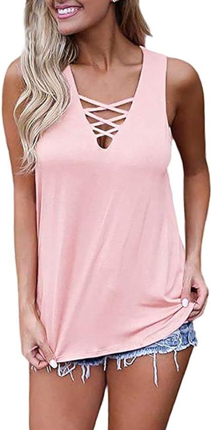 Chvity Women's Criss Cross Casual Cami Shirt Sleeveless Tank Top Basic Lace up Blouse | Amazon (US)