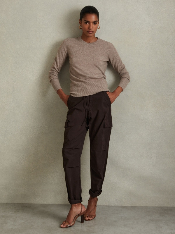 Tapered Drawstring Cotton Combat Trousers in Chocolate | Reiss UK