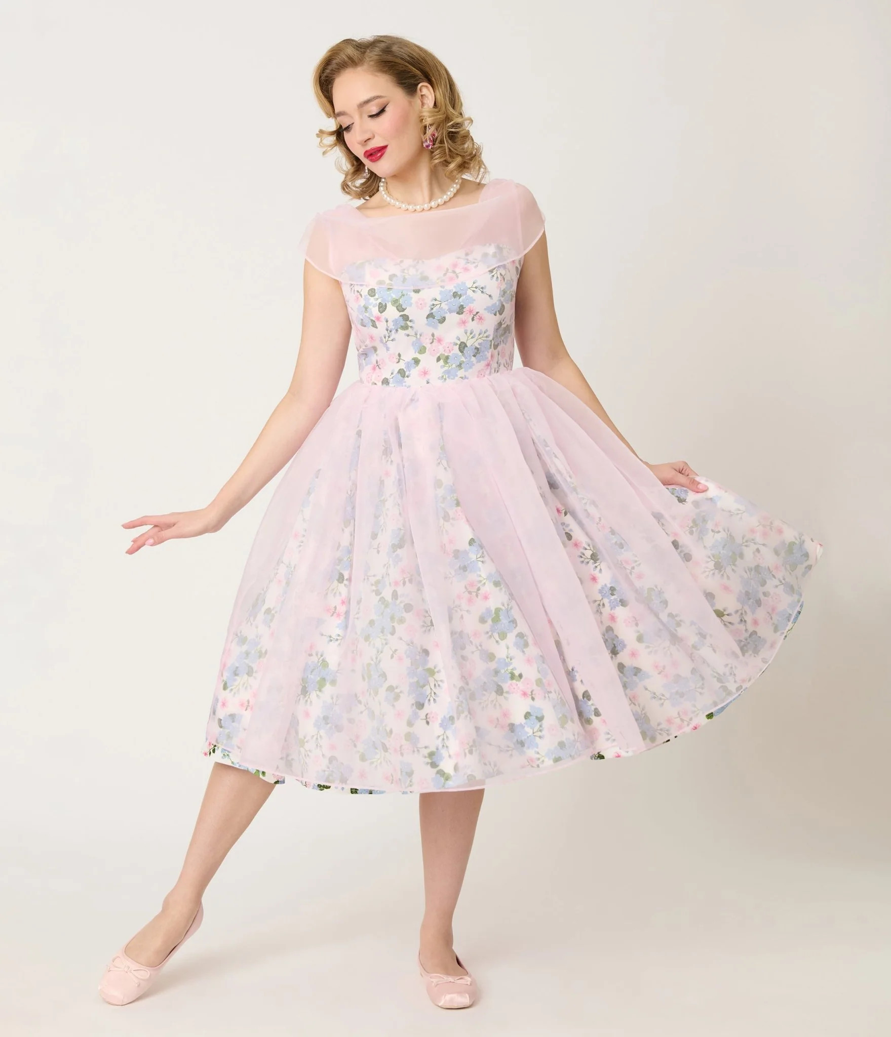 Unique Vintage Sheer Pink Chiffon & Rose Modern Art Swing Dress | Unique Vintage - North America