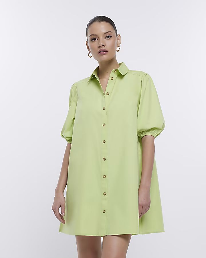 Lime green short sleeve mini shirt dress | River Island (US)