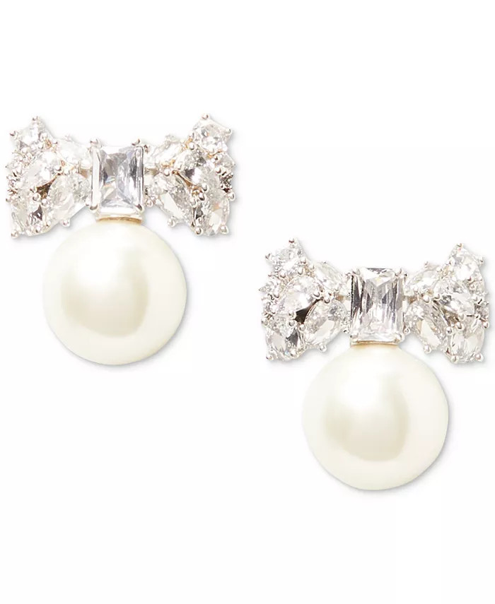 kate spade new york Silver-Tone Cubic Zirconia Bow & Imitation Pearl Statement Stud Earrings - Ma... | Macy's