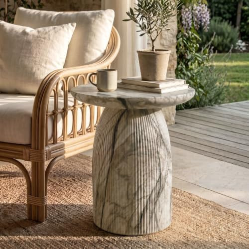 Ranera Modern 17-inch Natural Stone Side Table with Round Pedestal Base, Marble Nightstand, Flute... | Amazon (US)