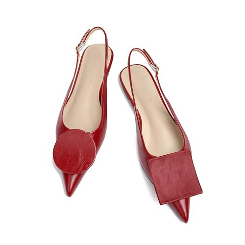 Vertundy Women's Red Slingback Flats Pointed Toe Flats for Women Ankle Strap Sandals Circle Square Decorative Fashion Design Pumps Shoes | Amazon (US)