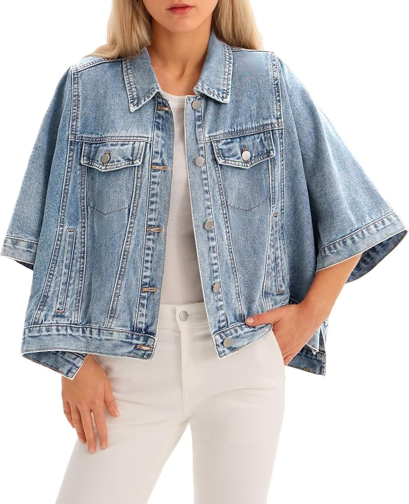 Tankaneo Womens Jean Jacket Oversized Cropped Short Sleeve Cotton Denim Jacket Fall Trendy Cape O... | Amazon (US)
