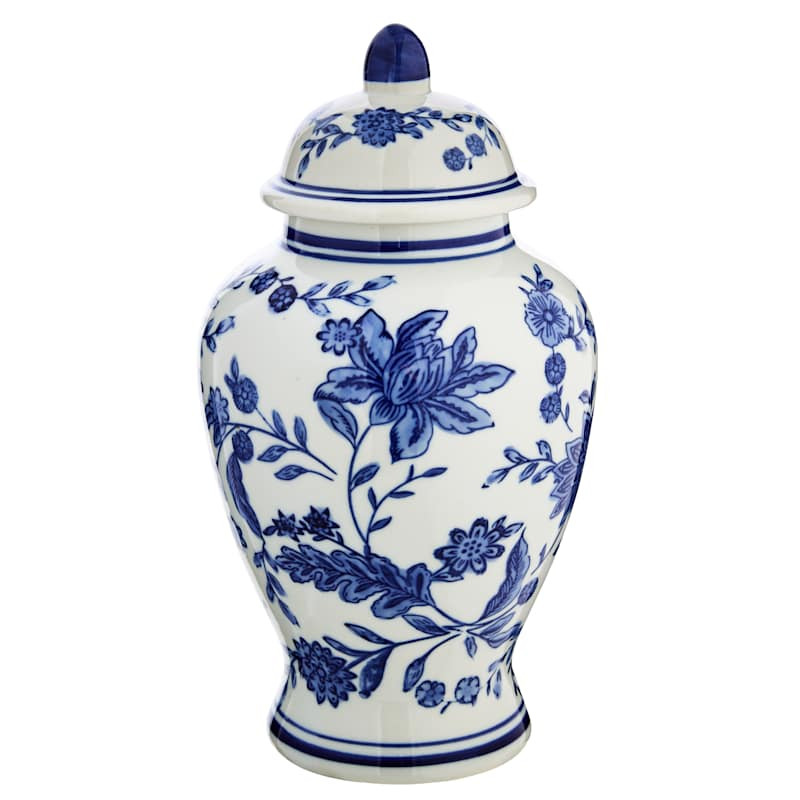 Blue & White Floral Porcelain Jar, 11" | At Home